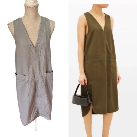 LEE MATHEWS Workroom V-neck Patch Pocket Organic Cotton Dress in Gray - Picture 1 of 8